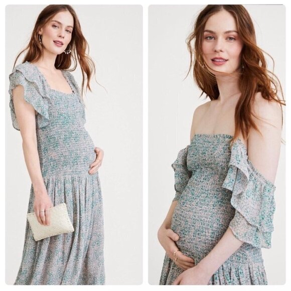 Hatch The Cosette Smocked Midi Dress Lotus Print Green Pink Size 2 M/L - Picture 1 of 12